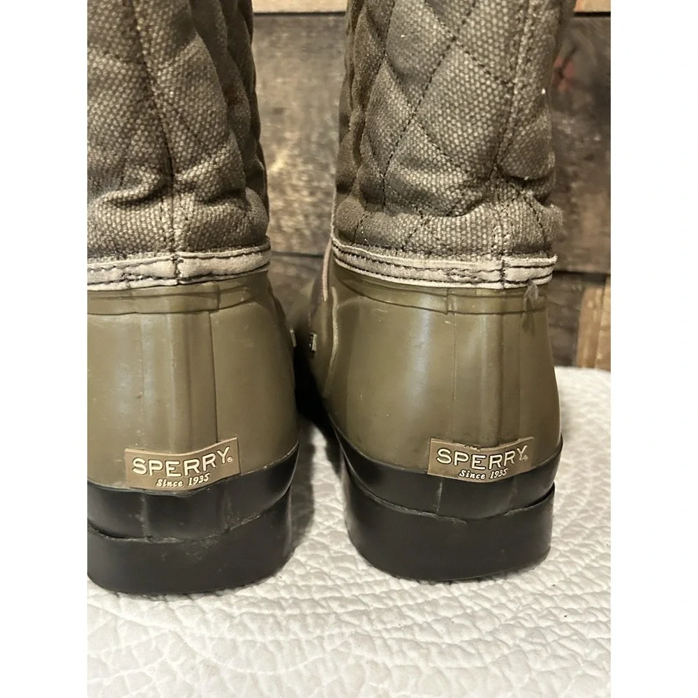 WOMENS SZ 9 SPERRY TOP SIDER OLIVE‎ RUBBER RAIN BOOTS MID CALF